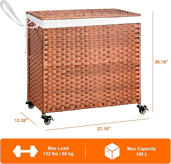 HYCHIKA Laundry Hamper with Lid and Wheels, 42.26 Gallon (160 L) Wicker Laundry Basket with Removable Bags and Handles, 2 Sections Woven Clothes Basket for Bedroom, Bathroom (27.6" * 13.4" * 26.4")