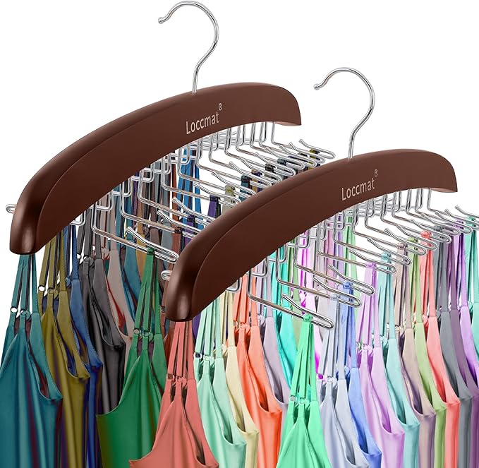 2Pcs Tank Top Hanger,Wood Bra Hanger with 24 Foldable Metal Hooks,360° Rotating Tank Hook,Tie Racks for Men Closet,Space Saving Closet Organizer for Tank Top Bra Tie Belt Scarf Camisole,Coffee