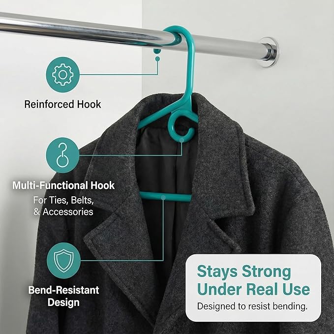 DEILSY™ Aqua Heavy Duty Hangers with Hooks for Scarves & Belts – Thick and Strong Clothes Hangers for Shirts, Jackets, Pants, and Dresses – Space-Saving Plastic Hangers – Pack of 50
