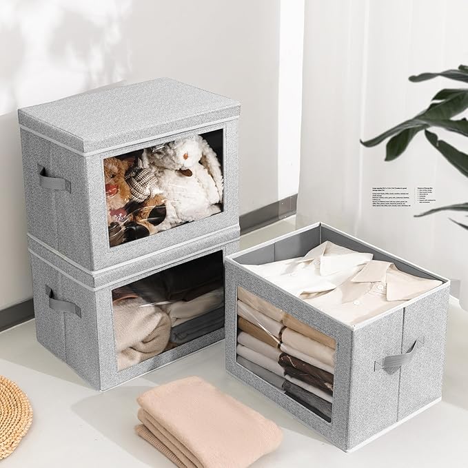 Stackable Storage Bins with Lids - Large Decorative Basket with Lids, Fabric Foldable Closet Organizer Bins, Shelf Organizer for Living Room, Dorm, 5 Pack, Blended