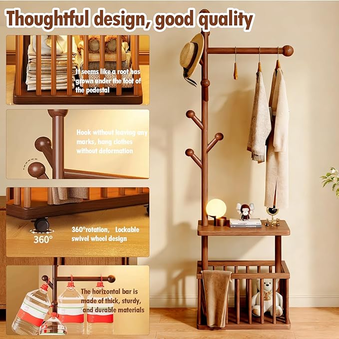 Solid Wood Coat Rack Clothes Rack, Coat Rack Freestanding with Storage Basket Heavy Duty Coat Tree for Entryway, Living room, Coat Hanger Stand for Hats, Bags Clothes