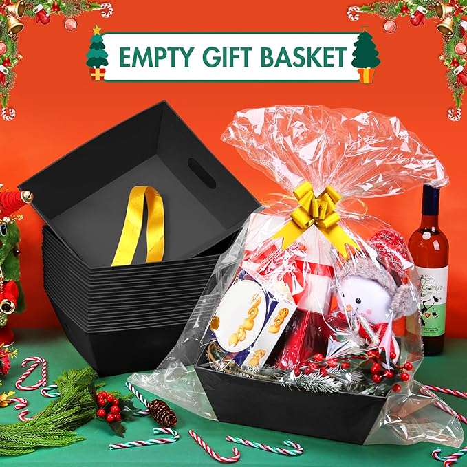 10PACK Black Baskets For Gifts Empty, 10x12”Thick Kraft Gift Basket with 10 Bows 10 Bags Empty Gift Baskets for Christmas, Easter, Birthdays, Snacks, Farmers Market