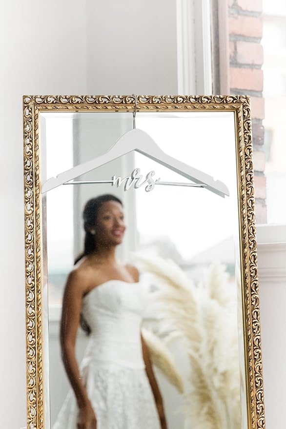 Pearhead Mrs. Wedding Dress Hanger, Wooden Bridal Gown Hanger with Cursive Wire Lettering, Wedding Photo Prop and Bridal Keepsake, White and Silver