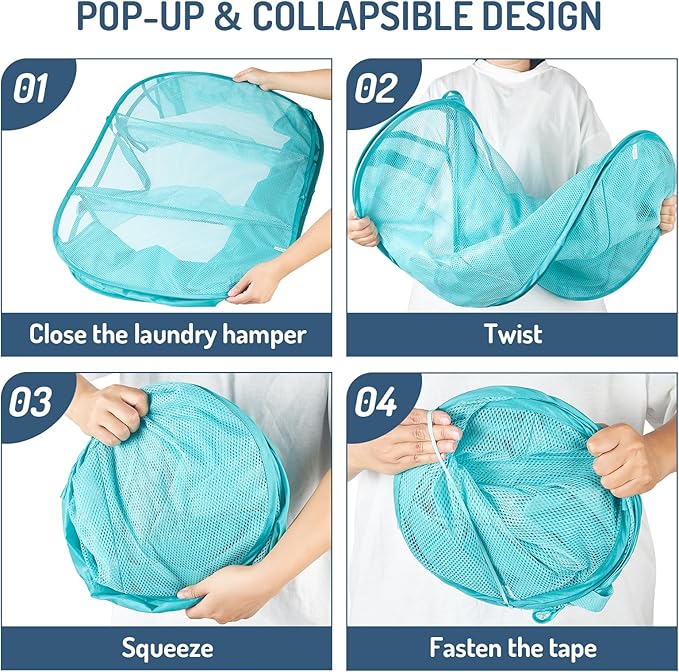 Seiritex Mesh Popup Laundry Hamper 3 Compartment Sortable Horizontal Collapsible Laundry Basket for Clothes Laundry Room Bedroom Toys Travel (Turquoise Blue)