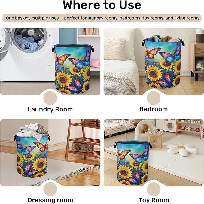 Butterfly Sunflower Laundry Basket, Heavy Duty 60L Dirty Clothes Hamper, Water Resistant Foldable Hamper for Girls Women
