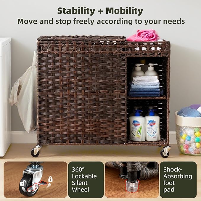 Laundry Hamper with Lid, 160L Rattan Wicker Laundry Basket with Wheels, Handwoven Laundry Hamper 2-Section with Storage shelf(42.3 Gal), Laundry Sorter Basket with Removable Liner, Brown HLH032BR