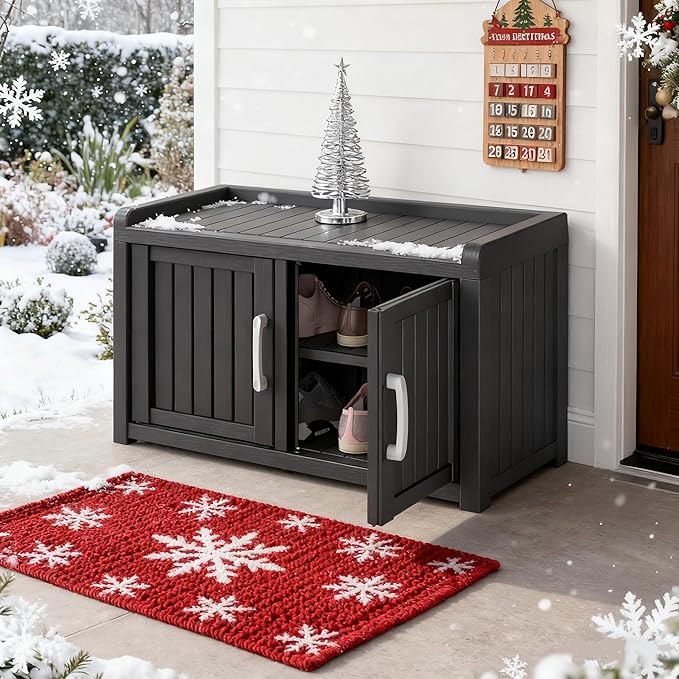 KAMABOKO Outdoor Shoe Storage Cabinet, Waterproof UV-Resistant Entryway Storage Bench Indoor Outdoor with 2 Barn Doors, Adjustable Shelves for Entryway, Bedroom, Hallway,Living Room(Classic Black)