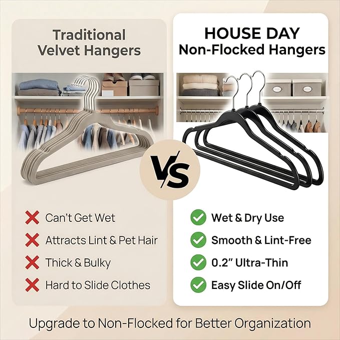 HOUSE DAY Black Plastic Hangers 50 Pack - Heavy Duty Non-Velvet Hangers with 360° Swivel Chrome Hook & Non Slip Notches - Slim Space Saving Clothes Hangers Ideal for Coats Shirts Jackets Dresses