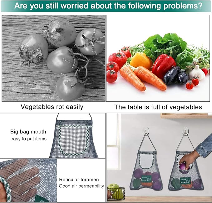3PCS Reusable Mesh Bag, Portable Produce Bags, Washable Hanging Storage Bags, Organizer Shopping Handbag for Fruit, Garlics, Onions, Potatoes