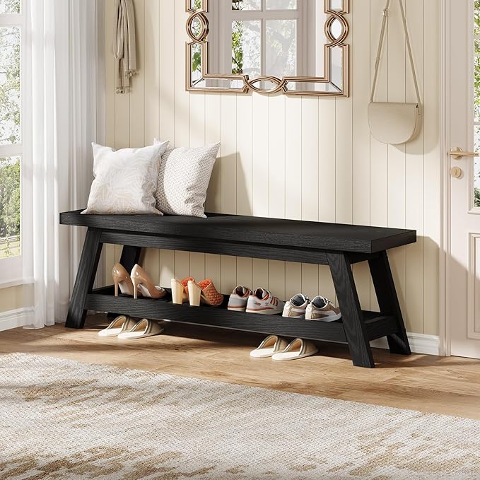 Tribesigns Wood Black 2-Tier Entryway Bench with Shoe Storage, 55" Large Narrow Hallway Foyer Seating Bench with Open Shelves for Entryway, Bedroom, Mudroom