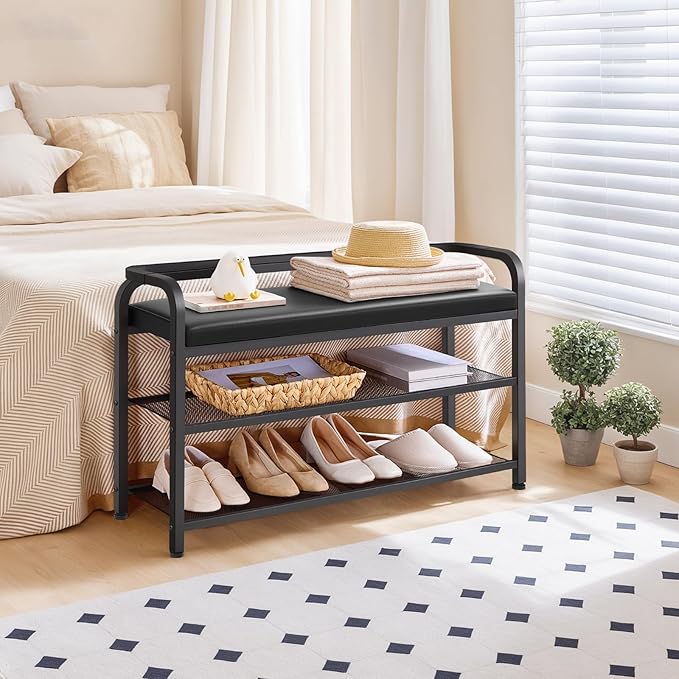 Shoe Bench with Backrest, Entryway Bench, 2-Tier Shoe Rack with PU Padded Seat, Upholstered Shoe Storage Bench with Back, for Hallway, Entryway, Foyer, Bedroom, Black HX14BB