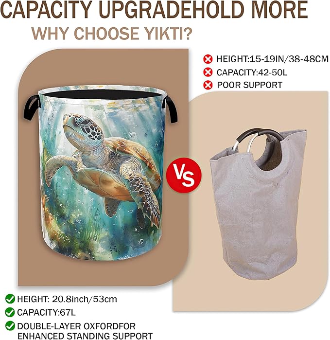 Laundry Hamper,Sea Turtle Laundry Basket,Watercolor Green Ocean Portable Collapsible Laundry Room Organization Storage for Dorm Room,Nursery,Bathroom,Bedroom,16x20 Inch