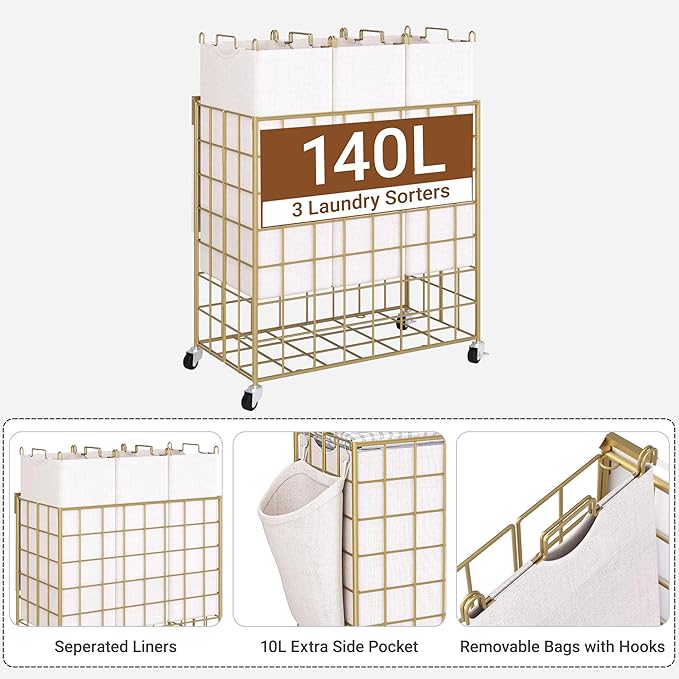 Laundry Basket with Wheels, Heavy Duty Laundry Sorter 3 Sections, 140L (37Gal.) Large Capacity Laundry Hamper with Wood Lid, 360 Rolling Wheels, Extra Side Pocket, Leather Pull Handle, Golden+Beige