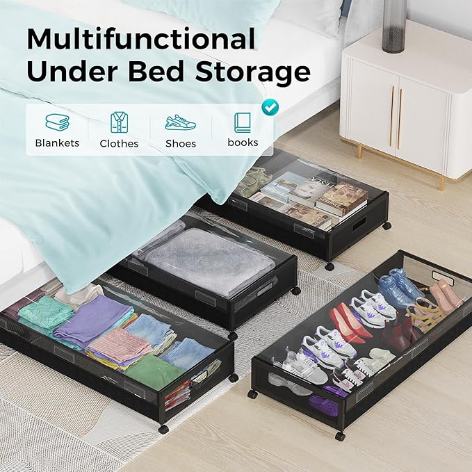 oylik Large Under Bed Storage with Wheels, Metal Under Bed Storage Containers with Clear Lid, Handle, Rolling Under Bed Shoe Storage Drawers, Under Bed Storage Bins for Clothes Shoes Books, 2 Pack