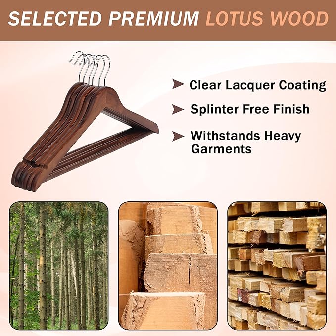 Wooden Hangers Premium Natural Wood Hanger Well Polished Ergonomic Design & Sharply Cut Notches with Swivel Hook (Brown, Pack of 30)