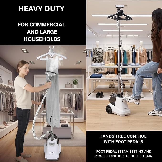 SALAV® Heavy Duty Smart Auto Shut-off Commercial Full-Size Garment Steamer, Beeping Alert when Water Runs out, Foot Pedal Control, XL 3L (101.5 oz) Tank, 1800 watts, 90+min of Continuous Steam, White