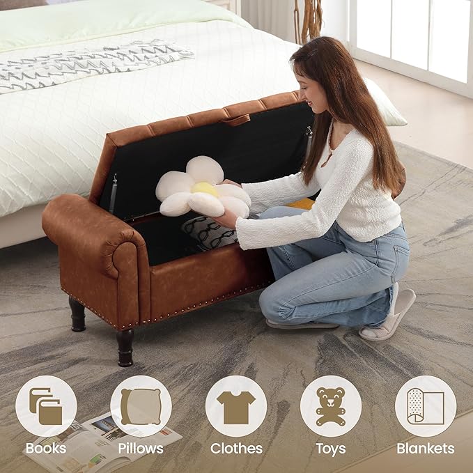 YOUDENOVA 51" Entryway Bench with Storage, PU Leather Storage Bench Chest with Tufted Button, Upholstered Storage Ottoman Bench with Rolled Arms for Bedroom, Living Room, Storage Room, Brown