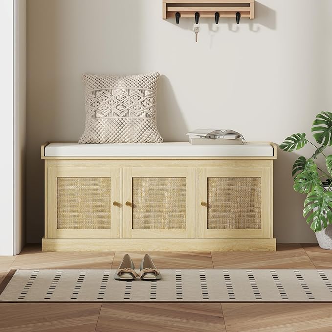 HOMCOM Shoe Bench with Woven Rattan Doors, Shoe Storage Bench with Cushion, Adjustable Shelves for 9 Pairs, Boho Style Entryway Bench for Bedroom, Living Room, 13.8 x 41.3 x 18.5 Inches, Oak Tone