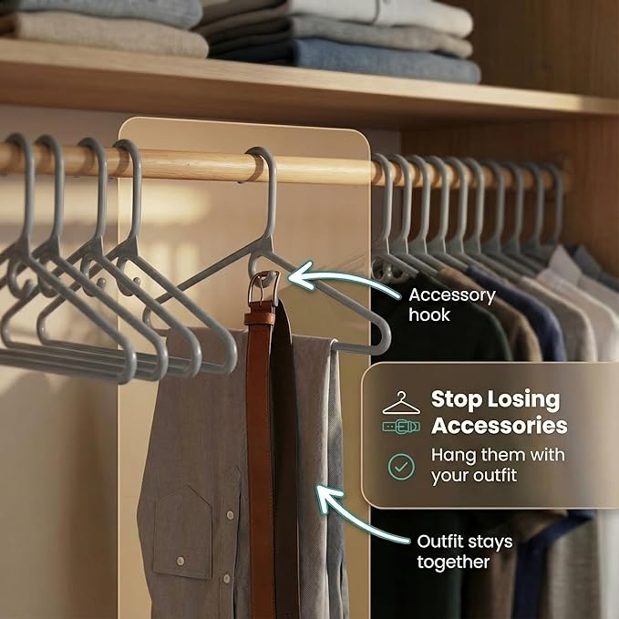 DEILSY™ Gray Heavy Duty Hangers with Hooks for Scarves & Belts – Thick and Strong Clothes Hangers for Shirts, Jackets, Pants, and Dresses – Space-Saving Plastic Hangers – Pack of 10