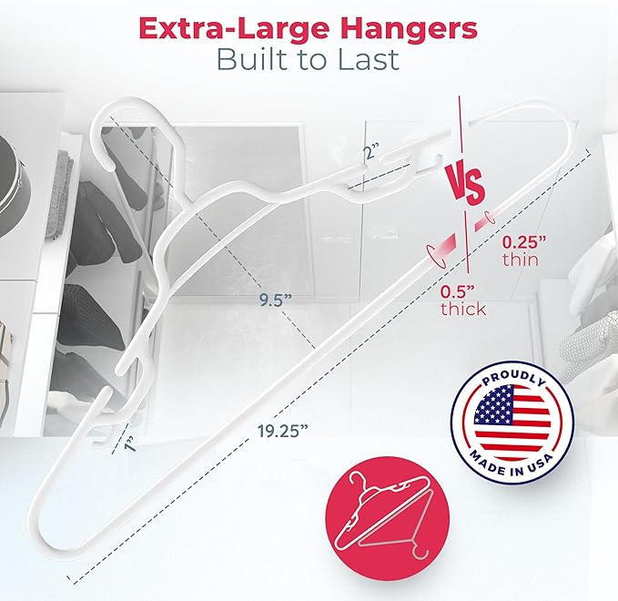 Neaties Large & Wide Heavy Duty Clothes Hangers 18 Pack – Made in USA – Ideal for Plus Size Clothing – 10lb Plastic Hangers with Notches for Oversized Adult Coats & Pants – White & Black
