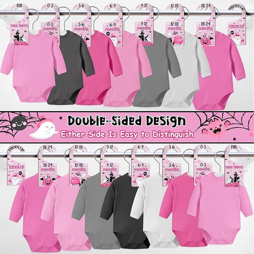 Halloween Baby Closet Dividers 8Pcs – Pink Black Wooden Double-Sided Clothes Size Hanger Organizer from Newborn to Toddler for Nursery Decor Baby Shower (Includes Gift Box)