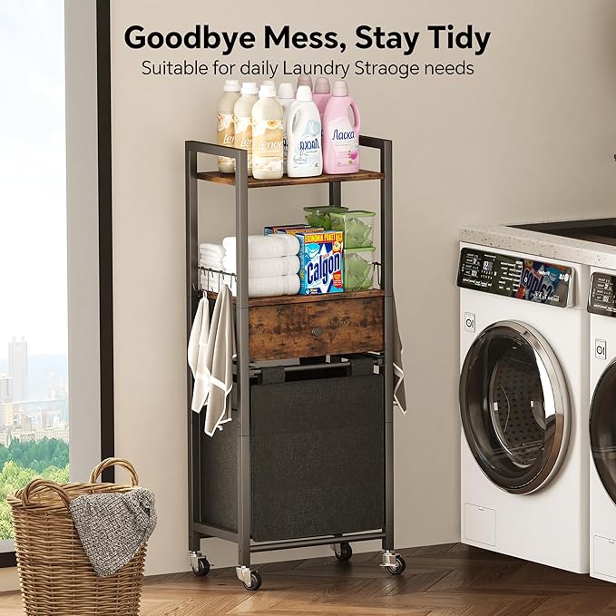 2 Tiers Laundry Hamper with Fabric Drawer and 2 Wooden Shelves, Laundry Basket with Removable Bag and 8 Storage Hooks, Laundry Sort with Divided Bag for Laundry Room, Bathroom, Bedroom, Dorm