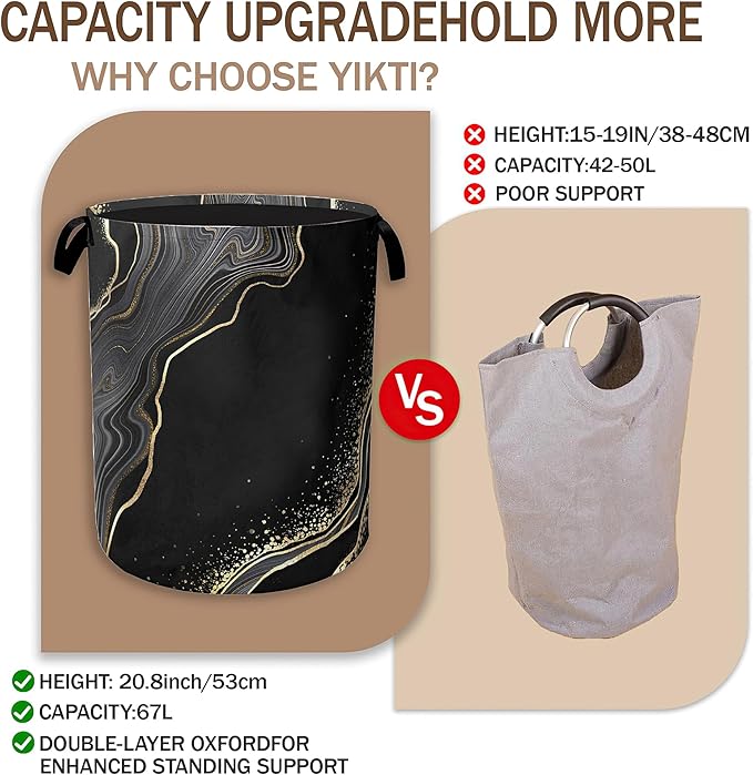 Black Gold Marble Laundry Basket,Modern Clothes Hamper,Oxford Cloth Collapsible Nursery Hamper Storage Organization for Bedroom,Bathroom,Office,College Dorms,16x20 Inch