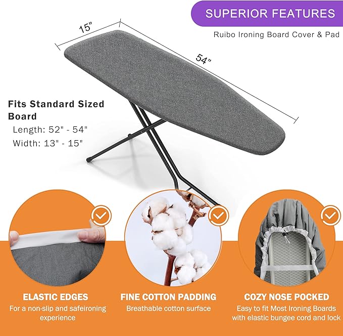 Ruibo Ironing Board Cover and Pad Extra Thick Heavy Duty Padding 4 Layers, Scorch and Stain Resistant,Elastic Edge Fit Standard Size 15x54 Inch/Gray