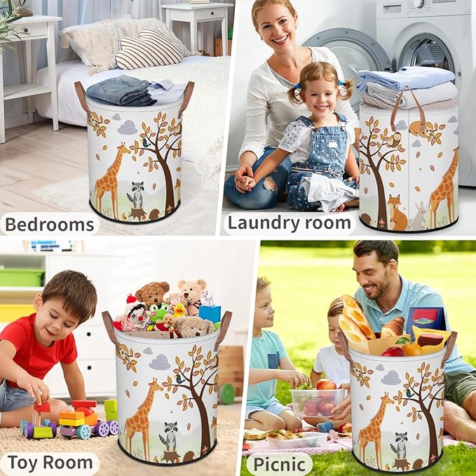 Kids Laundry Hamper Dirty Clothes Cute Animals Collapsible Polyester Sturdy Lightweight Storage Basket with Handles for Bedroom Bathroom Living Room