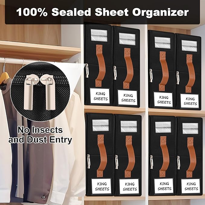 4pack Bed Sheet Organizer, Foldable Linen Closet Organizers and Storage with Sealed Design, Queen & King Size Sheet Storage with Window, Closet Organizer for Bedsheets/Blankets/Clothes, Black