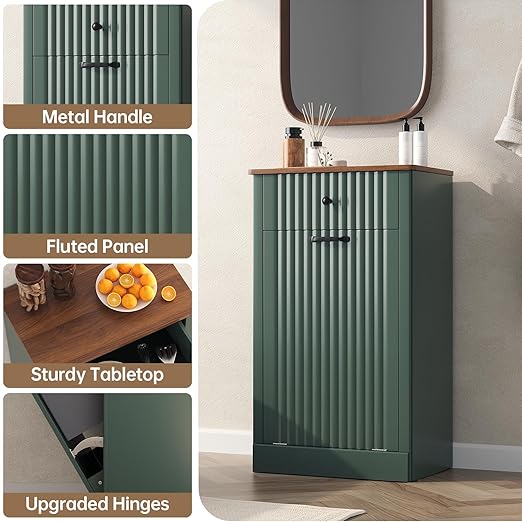 Fluted Tilt Out Laundry Hamper Cabinet, 10 Gallon Hidden Trash Can Cabinet, Wooden 2 in 1 Tilt Out Garbage Can for Kitchen, Bathroom (Green, Single)