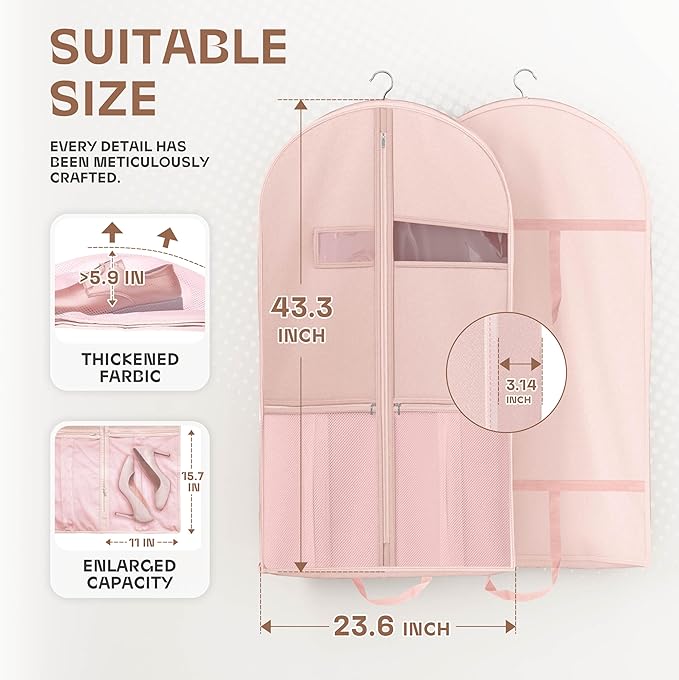 43" Travel Garment Bag with Accessories Zipper Pocket, Heavy Duty Suit Bag for Suits, Tuxedos, Dresses, Coats, Pink, 1 pack