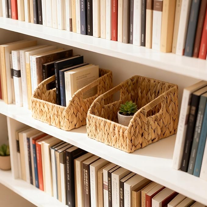 Wicker Baskets for Organizing,Pantry Baskets with Built-in Handles, Handwoven Wicker Storage Basket, Water Hyacinth Storage Bins for Shelves, 3 Pack, Small Natural 2 Set