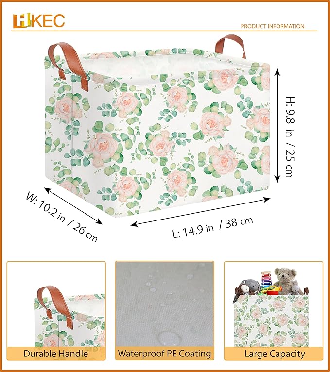 Rectangle Storage Basket with Handles,Collapsible Toys Bin,Books Box,Gift Basket(Watercolor Rose)