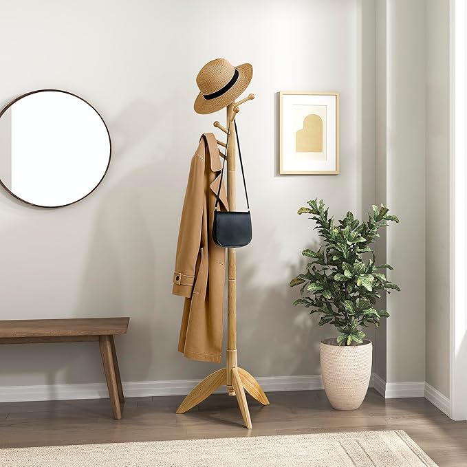 Lexicon Sturdy Solid Wood Coat Rack Stand with 11 Hanging Hooks for Hats,Scarves, Handbags, 7-Tier Wooden Coat Rack Freestanding Tree Used in Bedroom, Entryway, Hallway, Office, Natural