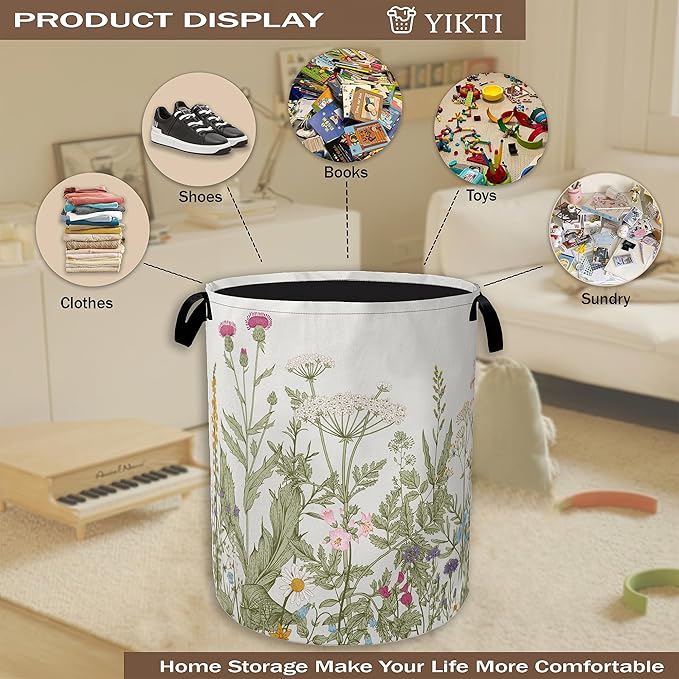Laundry Hamper,Rustic Wild Flowers Laundry Basket,Spring Floral Portable Collapsible Laundry Room Organization Storage for Dorm Room,Nursery,Bathroom,Bedroom,16x20 Inch