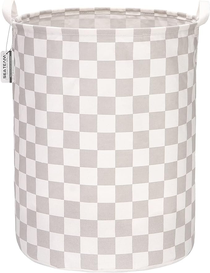 Sea Team 19.7 Inches Large Sized Waterproof Coating Ramie Cotton Fabric Folding Laundry Hamper Bucket Cylindric Burlap Canvas Storage Basket with Stylish Grid Grey Design