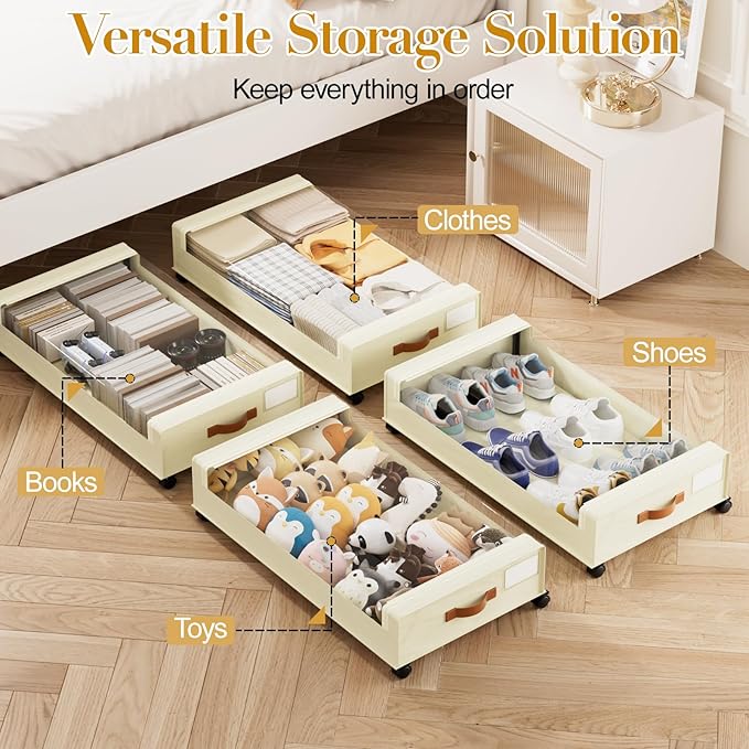 Yecaye Under Bed Storage with Wheels, 2 Pack Under the Bed Storage Containers with Lids & Label, XXL 60L Rolling Underbed Storage Drawers for Clothes, Blankets, Shoes, Beige