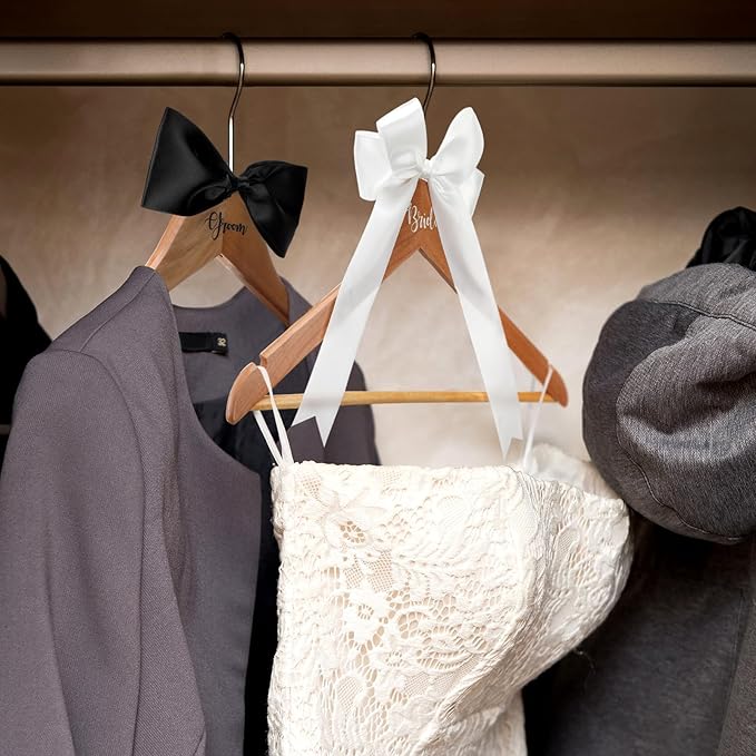 2 Pack Bride and Groom Wedding Hanger Set with Ribbon Bow Wooden Dress Suit Hanger Gift for Wedding Bridal Party Photo Decor(Wood Color,Classic)