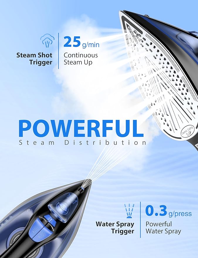 1500-Watt Steam Iron with Ceramic-Coated Soleplate and Burst Steam, 3-Way Auto-Off, Temperature Settings for Variable Fabric