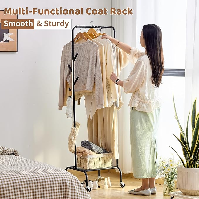 FILWH Rolling Coat Rack with Storage Shelf Freestanding Coat Rack Hall Tree with 6 Hooks for Entryway, Bedroom Metal Clothes Hanger Stand for Hats, Jackets, Bags,Shoes (Black, Single-layer)