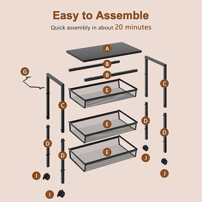 Hoctieon Rolling Storage Cart, 4-Tier 11.8" Wide Panel Rolling Kitchen Storage Cart, Utility Cart with Handle & Wheels, Mobile Shelving Unit, Metal Frame Narrow Cart for Home Kitchen, Laundry, Black