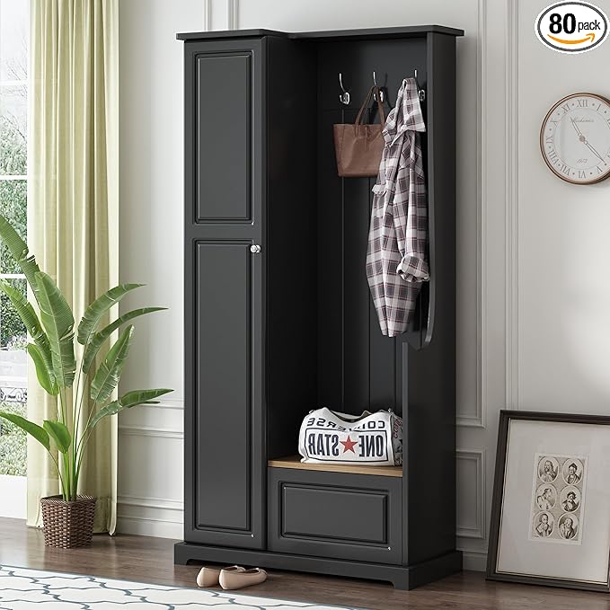Versatile Design Hall Tree with Flip-Up Bench, 4-in-1 Minimalist Hallway Coat Hanger Shoe Cabinet with Adjustable Shelves, Entryway Coat Rack with Hanging Hooks for Entryways, Mudroom (Black-35)