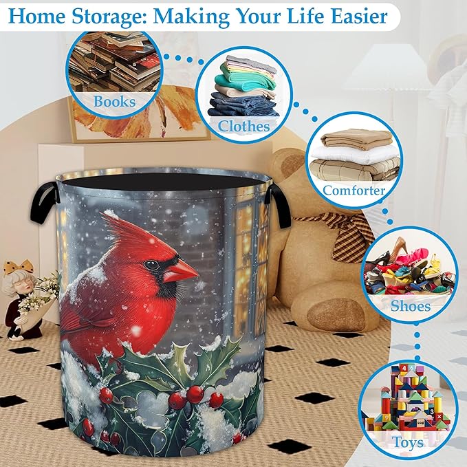 Winter Cardinal Red Bird Laundry Basket Collapsible Laundry Hamper, Oxford Cloth Storage Bin for Room/Bathroom/Bedroom/Dormitories 16" X 20.8"