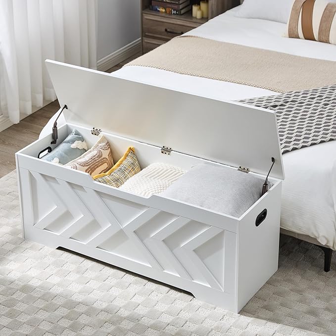 47.2” Storage Bench,Extra Large Wooden Storage Chest with 2 Safety Hinges,entryway Bench,Blanket Storage,Shoe Storage Bench for Entryway,Bedroom,Living Room,Easy Assembly. (White, 47.2x15.7x19)