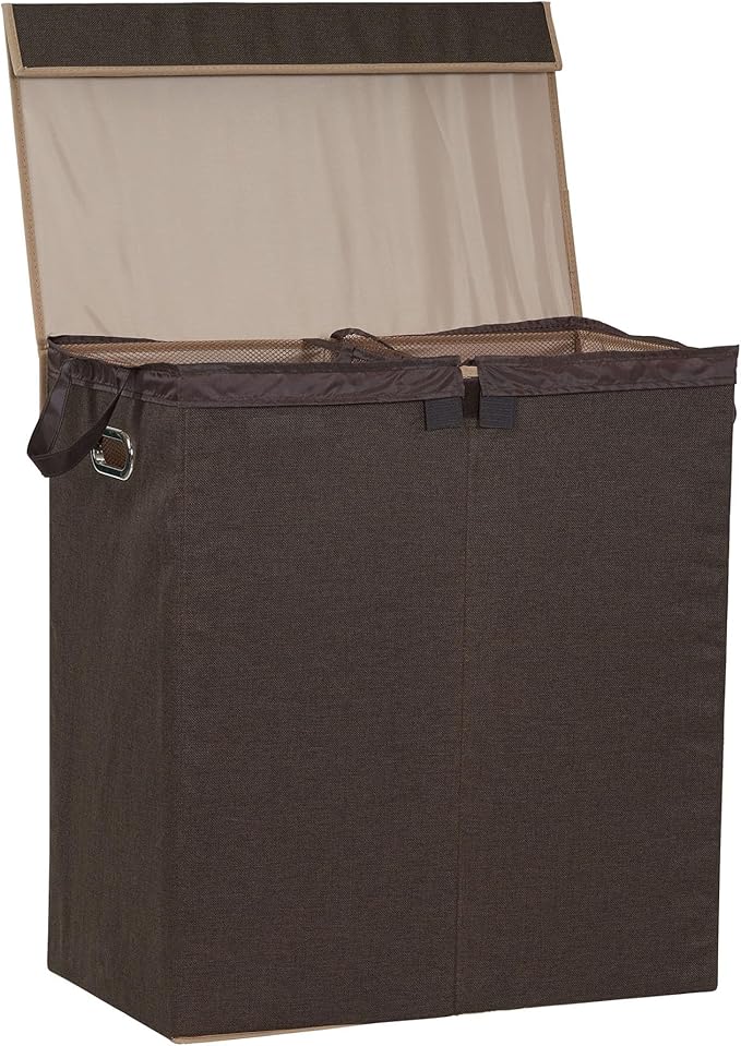 Household Essentials Double Laundry Hamper with Lid, Two Compartments for Easy Sorting with Removable Liner, Collapsible, Brown Linen 5614