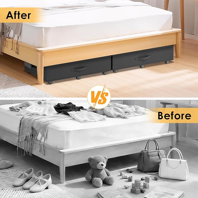 Under Bed Storage with Wheels, 2-Pack Under Bed Storage Containers with Clear Lid and Handles, Rolling Underbed Storage Drawers Organizer for Clothes,Shoes,Toys, Books (Black)
