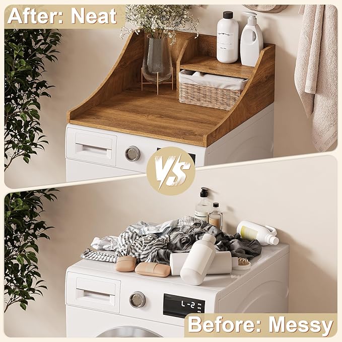 27'' Washer Dryer Countertop with Shelf, 2-Tier Laundry Countertop for Single Wood Washer and Dryer Topper for Laundry Room Organization, Brown