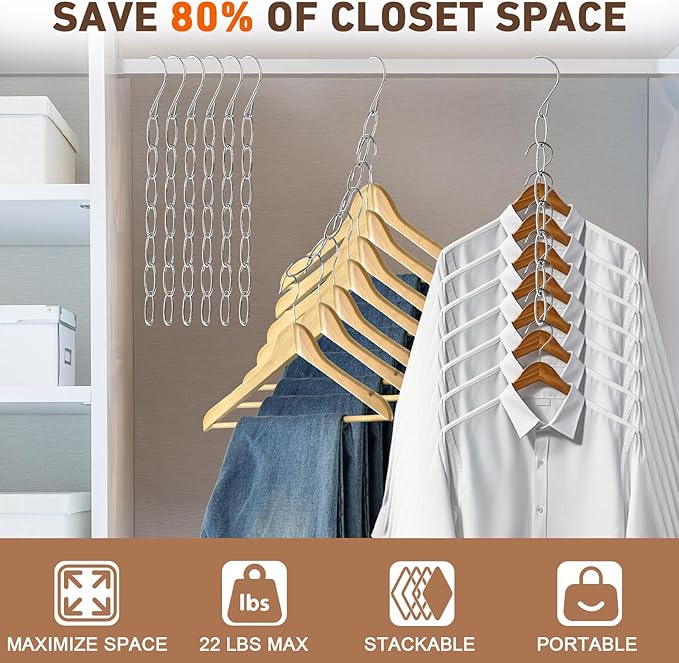 Space Saving Hangers, 8 Pack Metal Clothing Chain Hangers with 7 Holes, Closet Organizer & Cascading Hanger Organizer for Dorm, Home, RV, Wrinkle Reducing, Small Space Storage Solution