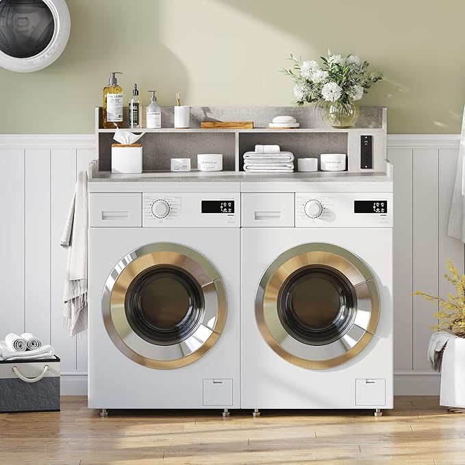 Upgraded 2-Tier Washer and Dryer Countertop with Power Outlet,54" W x 27.6" D Large Laundry Countertop for Fold Clothes, Laundry Topper with Non-Slip Pads & Metal Hooks and Storage Basket